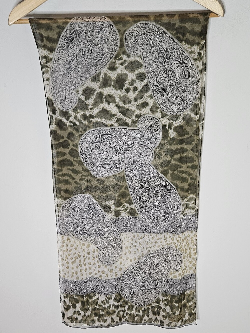 Oscar De La Renta Silk Scarf Leopard Paisley Green Brown 15×58"